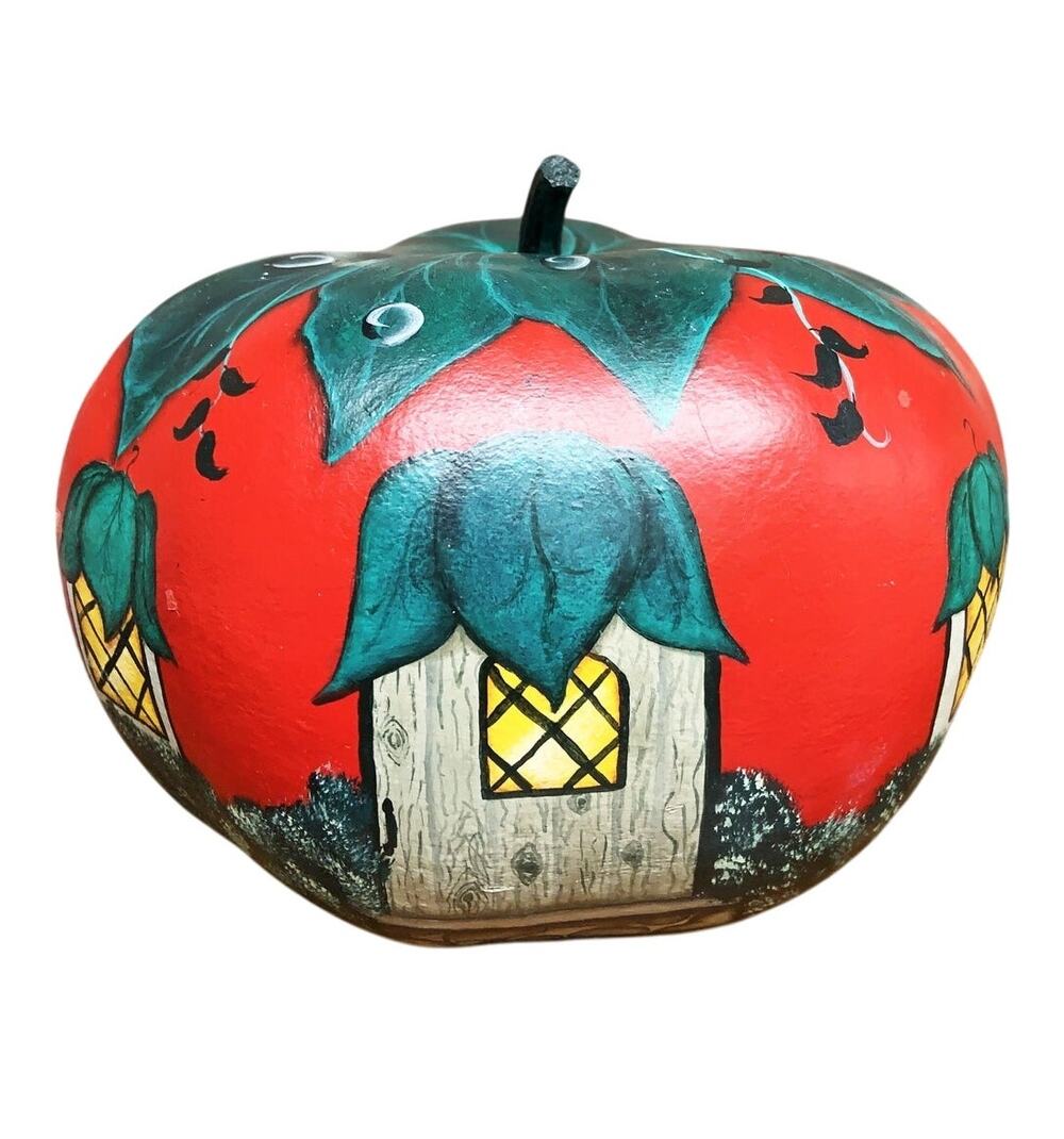 Tomato House Painted Gourd Signed Folk Art Country Farmhouse